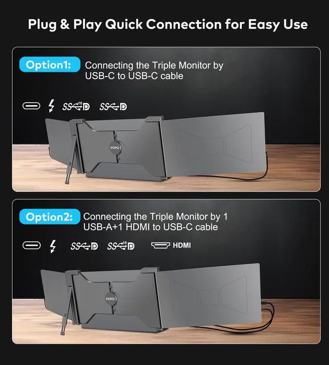 Alt view image 5 of 5 - FOPO 15.6" Triple Portable Laptop Monitor, FHD 1080P IPS Screen Extender Portable Display for 15.6-17.3 Laptops, PnP Travel Laptop Screen Extender with USB-C&HDMI, Dual Monitor for Windows, Mac