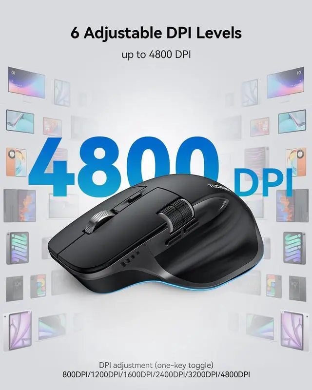 Alt view image 3 of 5 - TECKNET Wireless Mouse, Bluetooth Mouse (BT5.0/5.0 & 2.4G) Rechargeable 4800 DPI Ergonomic Optical Mouse with 6 Adjustable, Quiet Clicks, USB A Receiver, 7 Buttons, Wide Compatibility - Black