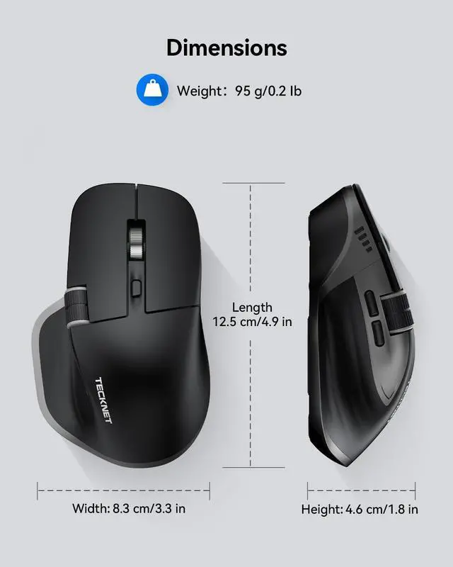 Alt view image 4 of 5 - TECKNET Wireless Mouse, Bluetooth Mouse (BT5.0/5.0 & 2.4G) Rechargeable 4800 DPI Ergonomic Optical Mouse with 6 Adjustable, Quiet Clicks, USB A Receiver, 7 Buttons, Wide Compatibility - Black