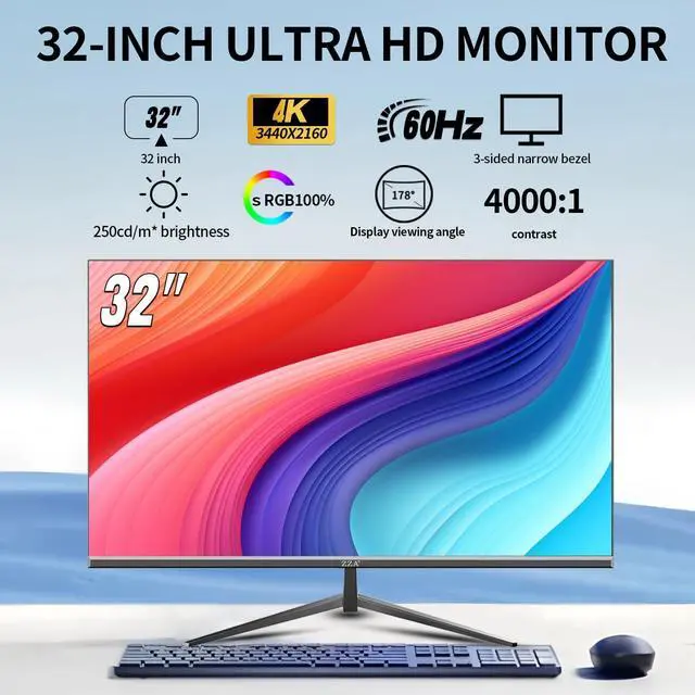 Alt view image 2 of 5 - ZZA 32 Inch Computer Monitor, 4K Monitor 60HZ UHD(3840 * 2160P) 3000R IPS Screen with Ultra-Thin Bezels,HDR10,HDMI/DP Ports, Tilt Adjustable, Eyecare, Ideal for Business, Office, and Casual Gaming