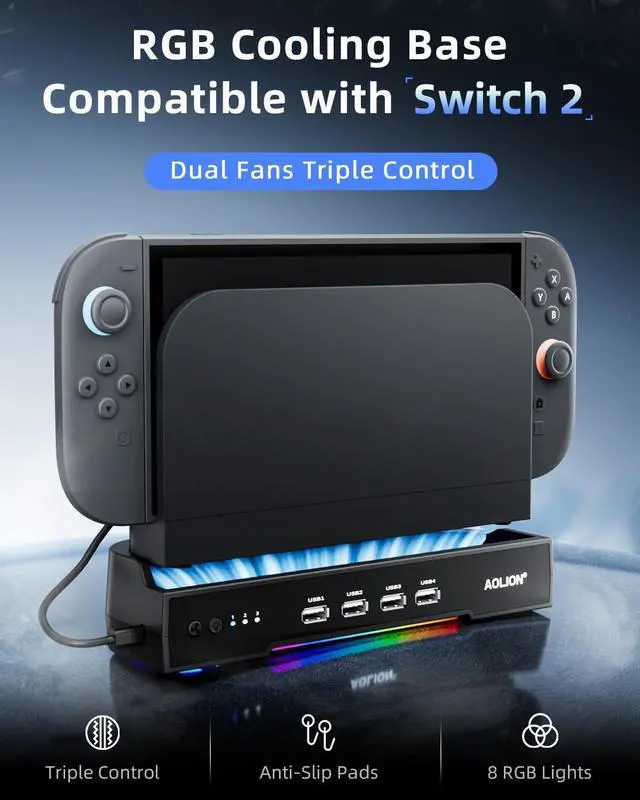 Alt view image 2 of 5 - Cooling Fan for Switch 2 Dock,RGB Cooling Fan for Nintend0 Switch 2 Dock,3-Speed Adjustable Airflow,High-Efficiency Heat Dissipation, Ultra-Quiet Operation,with 4 USB HUB Ports,for Switch2 Accessories