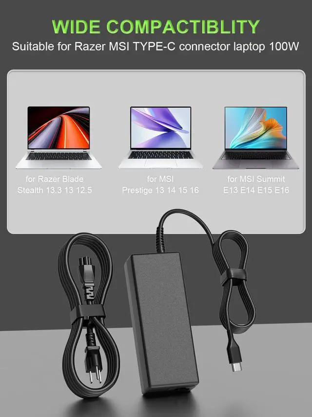 Alt view image 3 of 5 - PowerPortnerLink 100W 65W USB C Charger Compatible with Razer Blade Stealth 13 & Msi Prestige 13 14 15 16 Summit E13 E14 E15 E16 Laptop Power Supply Adapter Cord