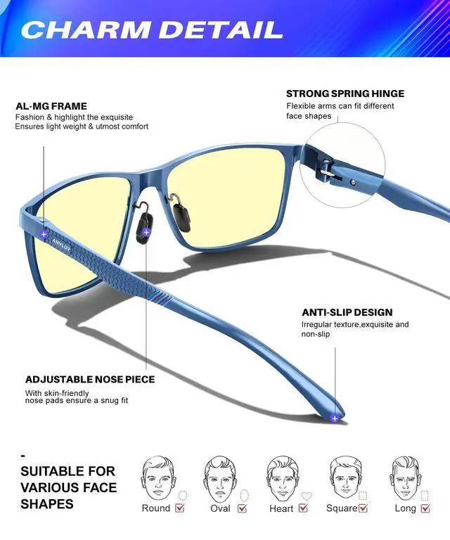 Alt view image 3 of 5 - ANYLUV Blue Light Glasses Men/Women, Al-Mg Metal Computer Blue Light Blocking Glasses, Relieve Eyestrain and Eye Protection