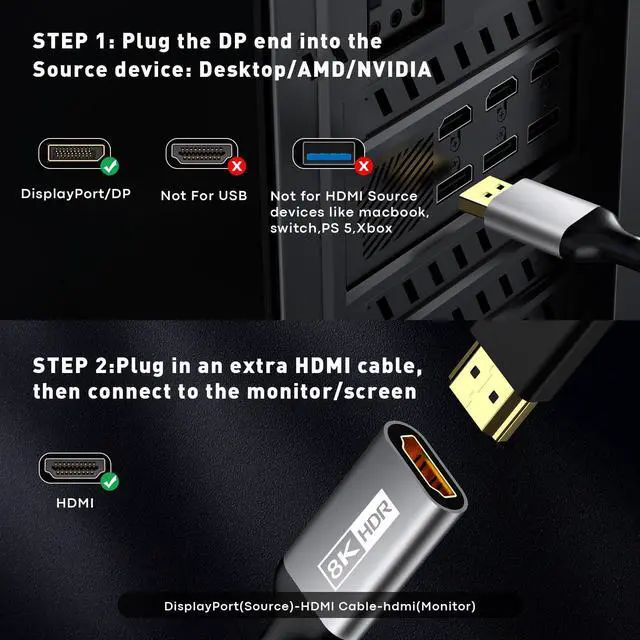 Alt view image 3 of 5 - UANTIN 8K DisplayPort 1.4 to HDMI 2.1 Adapter with 4K 120Hz/ 8K 60Hz, Unidirectional DP to HDMI Cable Adapter, Display Port for AMD, NVIAID, Not Work with PS5/Xbox, No VRR Support