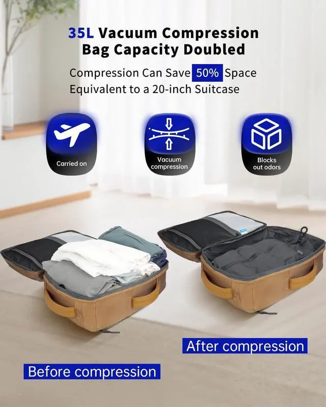 Alt view image 2 of 5 - SWICKY Vacuum Seal Travel Backpack with Pump, 40L Vacpack Backpack Compression Bag System, Water Resistant Laptop Carry-On Luggage for Women & Men, Ideal for Business, WorkKhaki