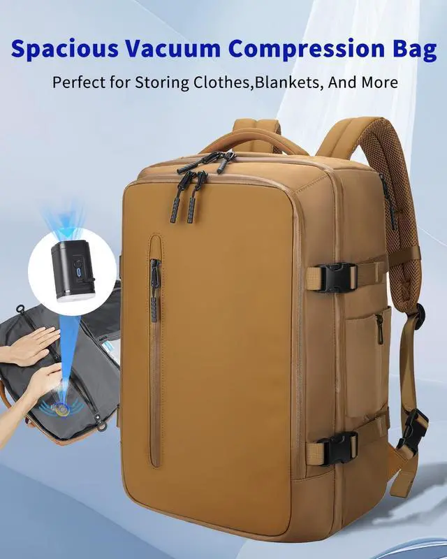 Alt view image 3 of 5 - SWICKY Vacuum Seal Travel Backpack with Pump, 40L Vacpack Backpack Compression Bag System, Water Resistant Laptop Carry-On Luggage for Women & Men, Ideal for Business, WorkKhaki