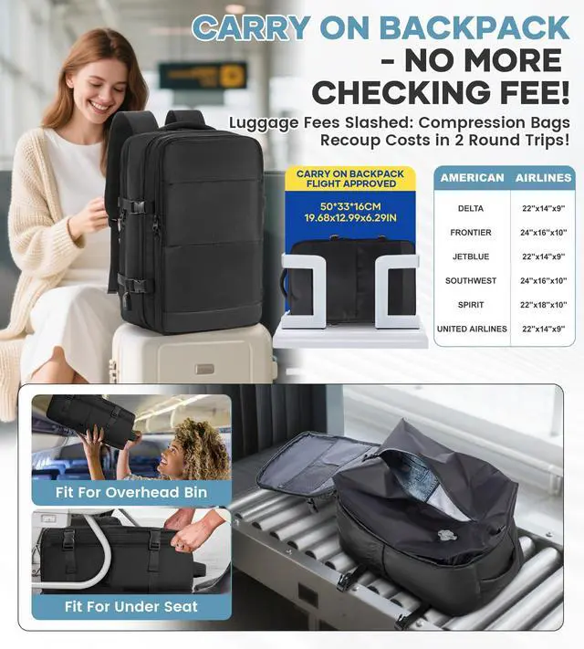 Alt view image 2 of 5 - Vacuum Travel Backpack with Pump for Women, Personal Item Carry on Backpacks Flight Approved 18x14x8 inches for Men,Laptop Waterproof Work Compression bags Casual Daypack,Black.