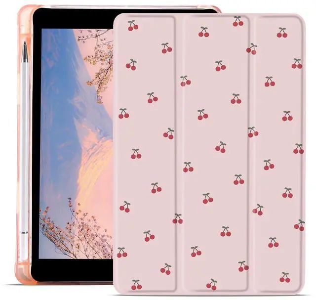 Main image of JOYLAND Cute Cherry Printed Case for iPad 5th/6th Generation (2017/2018) 9.7 Inch with Pencil Holder Foldable Auto Wake/Sleep Soft TPU Back Kawaii Fruit Pink Girly Leather Cover