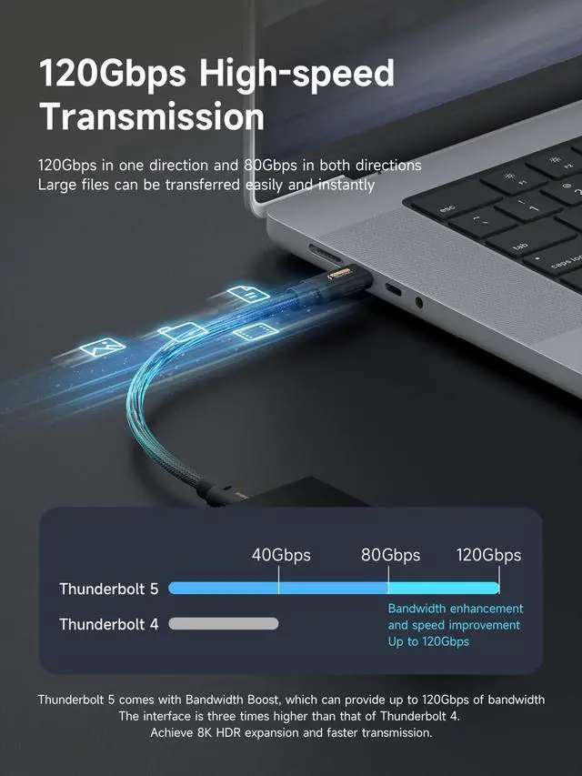 Alt view image 3 of 5 - Hagibis Thunderbolt 5 Cable (Intel Certified), 120Gbps Data Transfer, 240W Fast Charging, 16K@60Hz Display USB-C Cable, Compatible Thunderbolt 4/3, USB4/3, for iPhone 17/16/15, MacBook,(3.3ft)