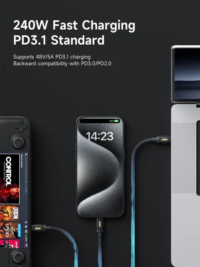 Alt view image 5 of 5 - Hagibis Thunderbolt 5 Cable (Intel Certified), 120Gbps Data Transfer, 240W Fast Charging, 16K@60Hz Display USB-C Cable, Compatible Thunderbolt 4/3, USB4/3, for iPhone 17/16/15, MacBook,(3.3ft)