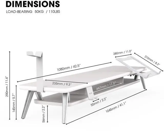 Alt view image 2 of 5 - Fenge Dual Monitor Stand, Monitor Riser for 2 Monitors with Adjustable Laptop Riser , 42.5 Inch Desk Shelf for Top of Desk with Phone Holder& Headphone Stand