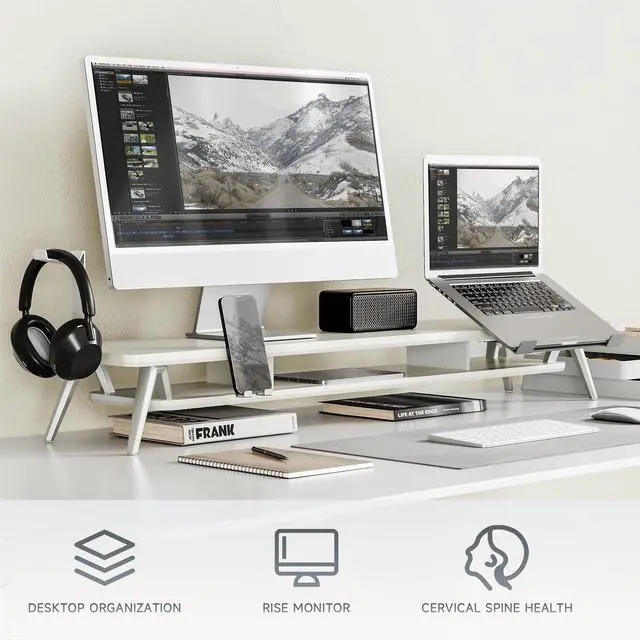 Alt view image 3 of 5 - Fenge Dual Monitor Stand, Monitor Riser for 2 Monitors with Adjustable Laptop Riser , 42.5 Inch Desk Shelf for Top of Desk with Phone Holder& Headphone Stand