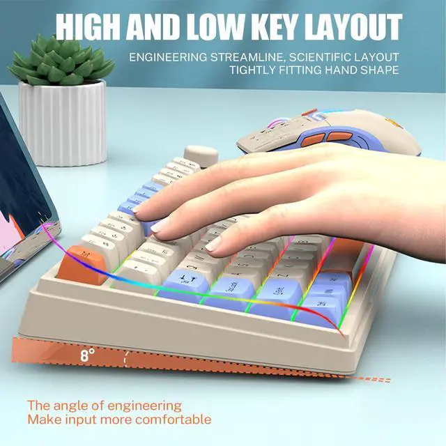 Alt view image 3 of 5 - Attoe 75  Wireless Gaming Keyboard and Mouse Combo, Tri-Mode BT5.0/2.4GHz/USB-C, RGB Backlit Keyboard + 3D 1600DPI Mice, 2000mAh Battery, 80 Keys, Knob Volume Control (Blue)