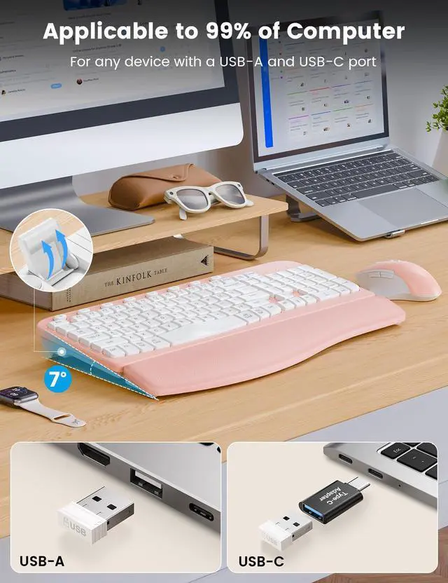 Alt view image 4 of 5 - SABLUTE Wireless Keyboard and Mouse Combo, Ergonomic Wave Keys, Cushioned Plam Rest, Comfortable Silent Natural Typing, 2.4G Lag-Free, Full Size Keyboards Cordless Set for Multi-OS, Windows/Mac, Pink