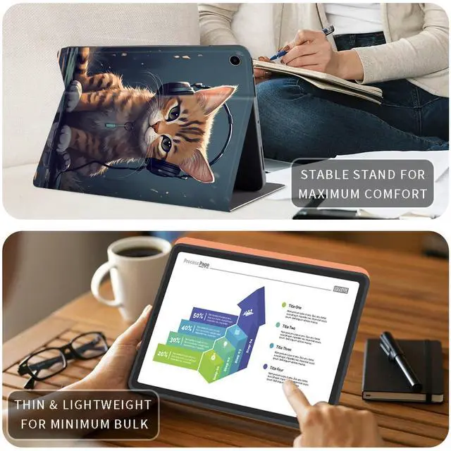 Alt view image 4 of 5 - for Amazon Kindle Fire HD 8 & 8 Plus Case (12th/10th Generation 2024/2022/2020 Release) PU Leather Slim Multiple Angles Stand Smart Cover with Auto Wake/Sleep for Fire 8 & 8 Plus, Cat with Headphones