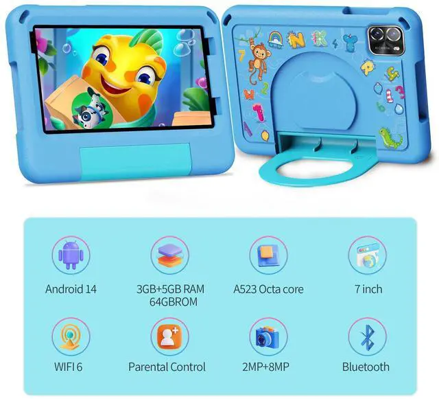 Alt view image 2 of 5 - VOLENTEX Android 15 Tablets with Case 7 inch Kids Tablet, 64GB Pad for Age 3-12 Toddler, Educationl, Games, Parental Control, Built in WiFi, Bluetooth, Dual Camera (Blue)