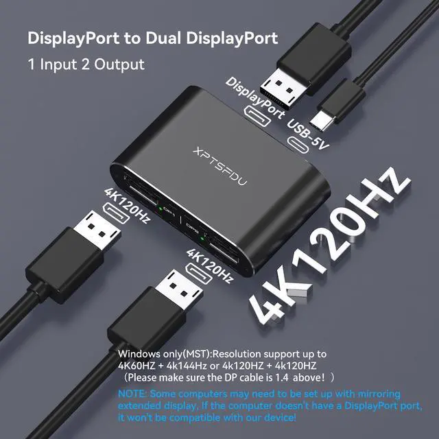 Alt view image 5 of 5 - XPTSFDU DisplayPort to Dual Displayport Splitter 4K120Hz DP to Dual DP Splitter for Dual Monitors Supports Mirrored/Extended Display for Windows Only