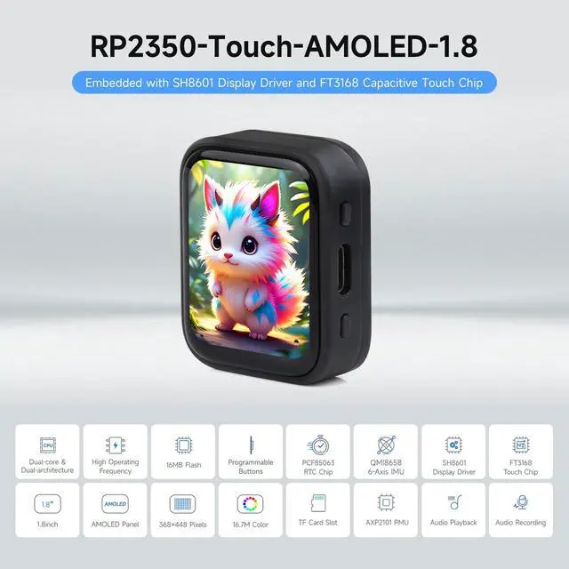 Alt view image 3 of 5 - Waveshare RP2350 1.8inch AMOLED Touch Display Development Board, 368×448 Pixels, Low Power Touchscreen, QSPI Interface, Dual-core & Dual-Architecture Design, Accelerometer and Gyroscope Sensor