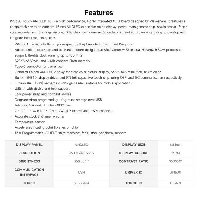 Alt view image 4 of 5 - Waveshare RP2350 1.8inch AMOLED Touch Display Development Board, 368×448 Pixels, Low Power Touchscreen, QSPI Interface, Dual-core & Dual-Architecture Design, Accelerometer and Gyroscope Sensor
