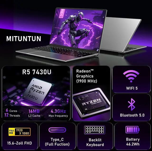 Alt view image 2 of 5 - MITUNTUN 15.6 inch Gaming Laptop, 2025 Laptop Computer, R5-7430U (up to 4.3Ghz, Beat 5700U), 32GB RAM 1TB SSD, 15.6" Full HD 1920 * 1080 Display, Radeon Graphics, WiFi 5, BT5.0, Fingerprint