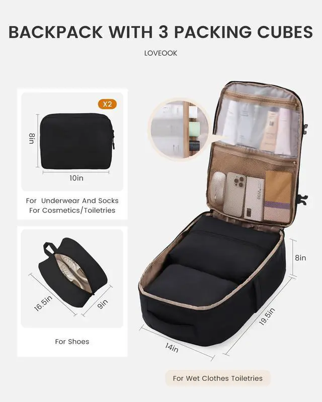 Alt view image 3 of 5 - LOVEVOOK Travel Backpack,50L Carry On Backpack Large Fits 18" Laptop,TSA Personal Item Travel Bag with 3 Packing Cubes,Water Resistant Laptop Bag Travel Essentials for Weekender Business Hiking