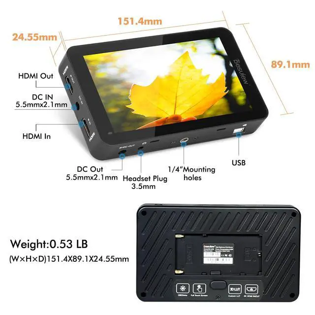 Alt view image 2 of 5 - Desview R6 Camera Field Monitor, 5.5 inch Touch Screen 2800nits Ultra Brightness Full HD 1920x1080 IPS Panel with HDR 3D LUT Waveform Peaking 4K HDMI in/Out 8V DC Output on DSLR