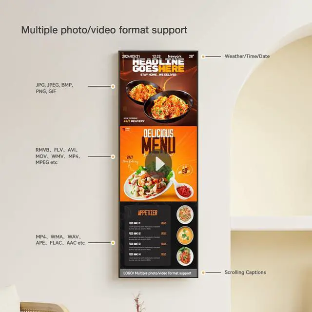 Alt view image 3 of 5 - 29inch Ultra-Wide Digital Signage Display, 700nits Slim 25.8mm, 6.8mm Frameless Commercial Advertising Screen Digital Menu Board for Restaurants, Retail, USB/HDMI/WiFi, Android OS Free Cloud CMS