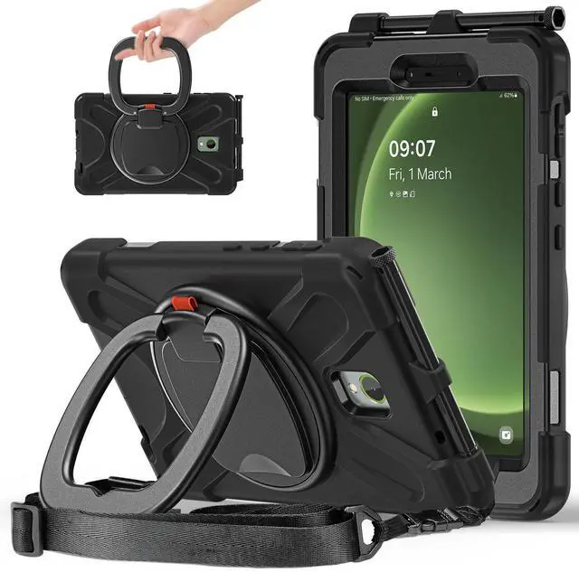 Main image of FONREST Rugged Case for Samsung Galaxy Tab Active5 5G (SM-X306B/X300) w/ 360° Rotating Hanging Ring Handle Grip Kickstand, Heavy Duty Shock-Proof Armor Cover w/Shoulder Strap, Stylus Holder (Black)