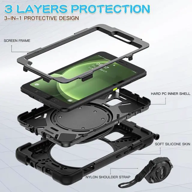 Alt view image 2 of 5 - FONREST Rugged Case for Samsung Galaxy Tab Active5 5G (SM-X306B/X300) w/ 360° Rotating Hanging Ring Handle Grip Kickstand, Heavy Duty Shock-Proof Armor Cover w/Shoulder Strap, Stylus Holder (Black)