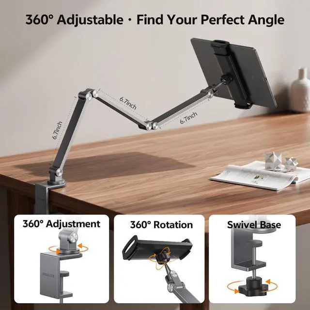 Alt view image 2 of 5 - Tablet Stand iPad Phone Holder for Desk, Heavy Duty Aluminum 360° Rotating & Foldable Arm Mount Kindle Holder for Bed, Stand for iPad, Kindle, Portable Monitor, Samsung Galaxy Tab, Grey (Max 15.6")