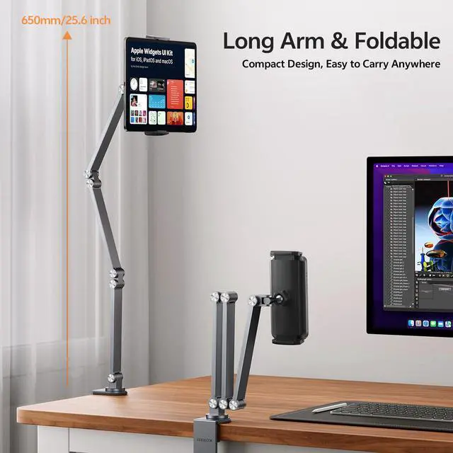 Alt view image 3 of 5 - Tablet Stand iPad Phone Holder for Desk, Heavy Duty Aluminum 360° Rotating & Foldable Arm Mount Kindle Holder for Bed, Stand for iPad, Kindle, Portable Monitor, Samsung Galaxy Tab, Grey (Max 15.6")