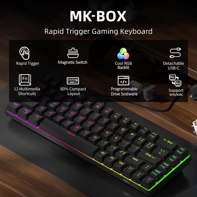Alt view image 4 of 5 - MageGee 60% Rapid Trigger Gaming Keyboard, Hall Effect Magnetic Switch, Actuation Point Adjustable, Hot Swappable RGB Backlit Wired Keyboard with Arrow Keys for Win/PC/MAC, Black