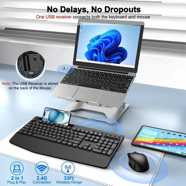 Alt view image 2 of 5 - Wireless Keyboard and Mouse Combo with Palm Rest, Phone Holder, Full-Size Quiet Wireless Ergonomic Keyboard and Mouse, Comfortable Natural Typing Compatible for Windows, Laptop, Mac, PC