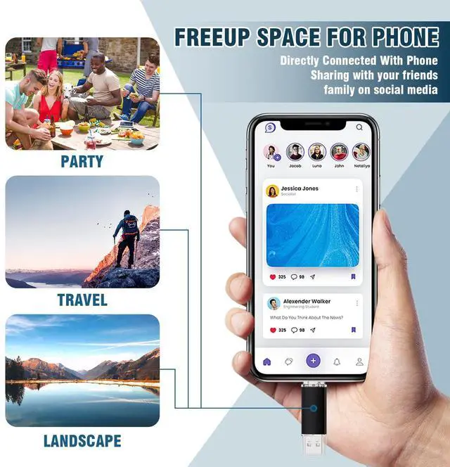 Alt view image 2 of 2 - Dual USB C Flash Drive 256GB, USB 3.0 Memory Stick for iPhone 15/Pro/Plus/Android/Tablet/PC/MacBook, Portable Thumb Drive with High-Speed Transfer,Black