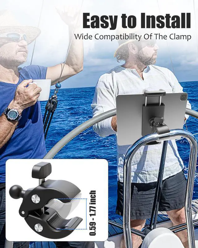 Alt view image 2 of 5 - Wukanleng Tablet Holder for Boat Helm Bar Post Rod, 360° Rotation Universal Boat Handlebar Clamp Mount with Aluminum Alloy Base Compatible with iPad Pro 12.9/Air/Mini, Smartphones More Devices 4-13''