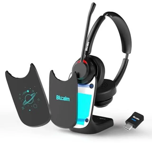 Main image of Blucalm Business V5.4 Wireless Headset with Charging Base, Computer Headset with Mic & 2.4 G USB Dongle for PC/Phone Work, Wireless Headphones with Noise-Cancelling Mic for Office, WFH, Teams, Zoom