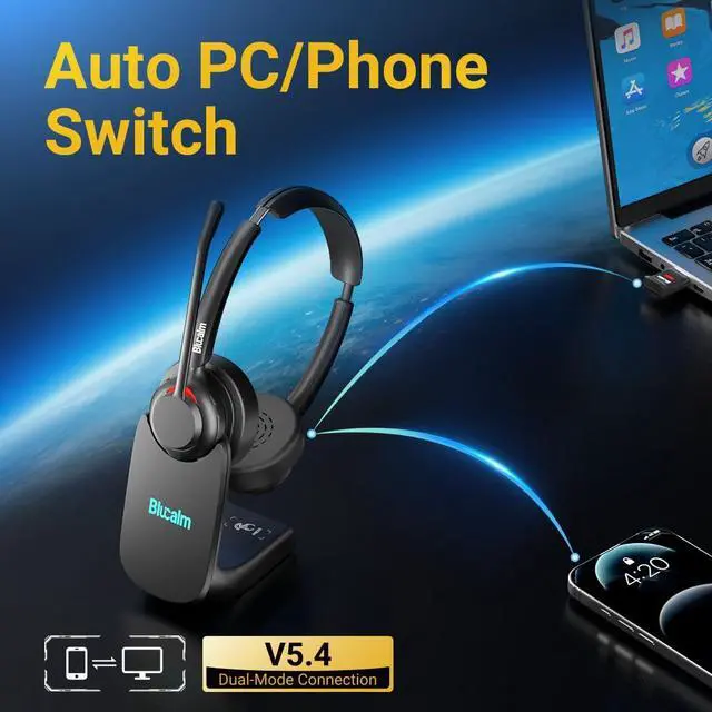 Alt view image 3 of 5 - Blucalm Business V5.4 Wireless Headset with Charging Base, Computer Headset with Mic & 2.4 G USB Dongle for PC/Phone Work, Wireless Headphones with Noise-Cancelling Mic for Office, WFH, Teams, Zoom
