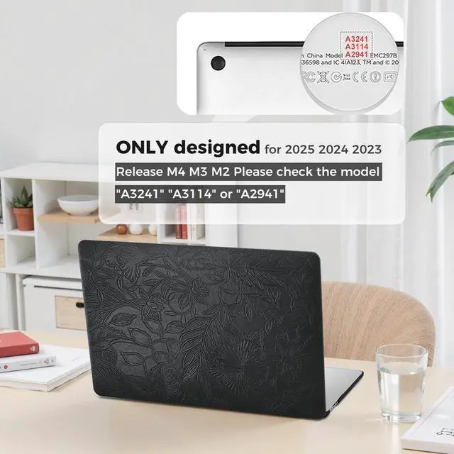 Alt view image 2 of 5 - iCasso Compatible with MacBook Air 15 inch Case 2025 2024 2023 Release M4 A3241 M3 A3114 M2 A2941, Anti-Scratch Protective Plastic Hard Shell Case+Keyboard Cover for Mac Air 15, Black Embossed Floral