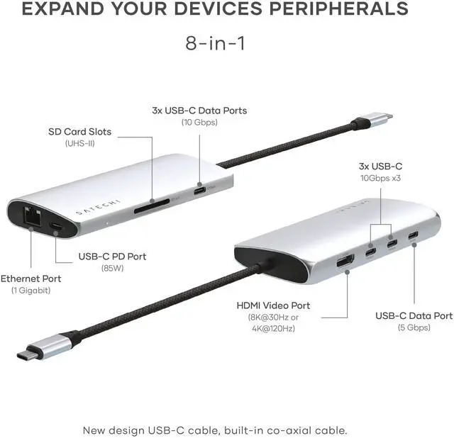 Alt view image 2 of 5 - Satechi 8 in 1 USB C Hub Multiport Adapter V3, 8K HDMI, 100W Charging, 4 USB Data Ports, Ethernet, SD Card Reader, for Laptop, for Mac/Windows, MacBook Air/Pro M4, iPad - Silver