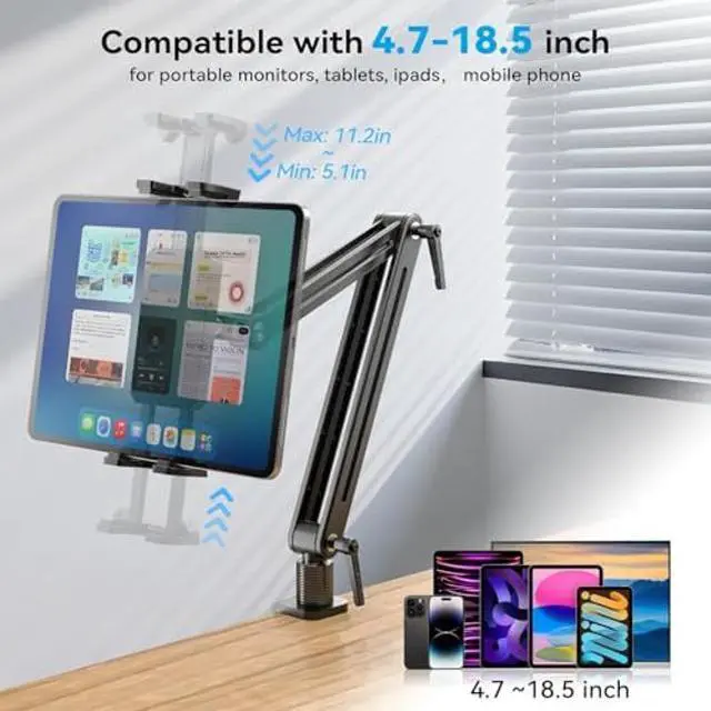 Alt view image 2 of 5 - Adjustable Portable Monitor Stand 15.6" - 360° Rotating Base Tall Tablet Desk Arm Holder Stand for iPad Air/Pro/Mini Swivel Flexible Bed Clamp Mount Soporte para Tablet/Monitor Portatil/Ereader