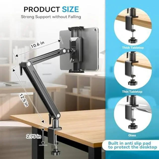 Alt view image 3 of 5 - Adjustable Portable Monitor Stand 15.6" - 360° Rotating Base Tall Tablet Desk Arm Holder Stand for iPad Air/Pro/Mini Swivel Flexible Bed Clamp Mount Soporte para Tablet/Monitor Portatil/Ereader