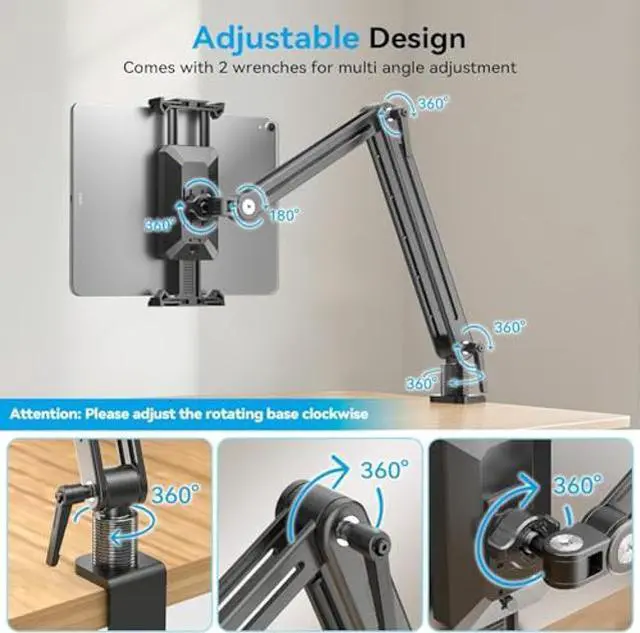 Alt view image 4 of 5 - Adjustable Portable Monitor Stand 15.6" - 360° Rotating Base Tall Tablet Desk Arm Holder Stand for iPad Air/Pro/Mini Swivel Flexible Bed Clamp Mount Soporte para Tablet/Monitor Portatil/Ereader