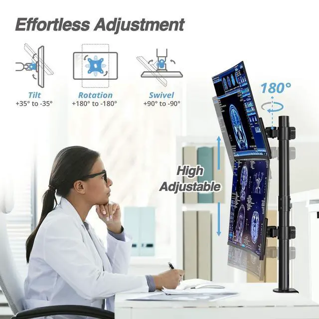 Alt view image 4 of 5 - AVLT 38" Vertical Ultrawide Monitor Mount Stand Two Stacked 26.5 lbs Screens on Heavy-Duty Pole Save Workspace with Fine-Tune Height Tilt Swivel Rotate Adjustment C-clamp and Grommet Mounting Base
