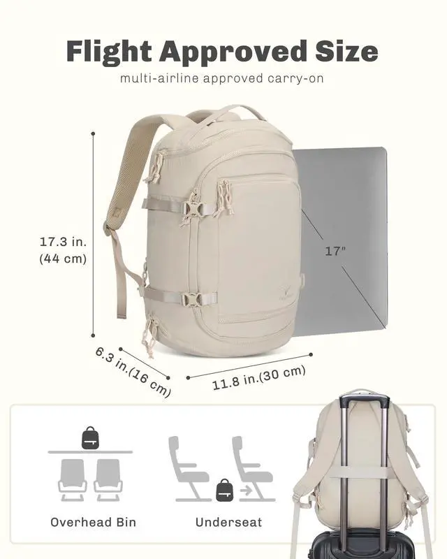 Alt view image 5 of 5 - Hynes Eagle Travel Laptop Backpack 17 inches Lightweight Flight Approved Carry on Personal Item Bag Weekender Bag Daypack 20L Beige