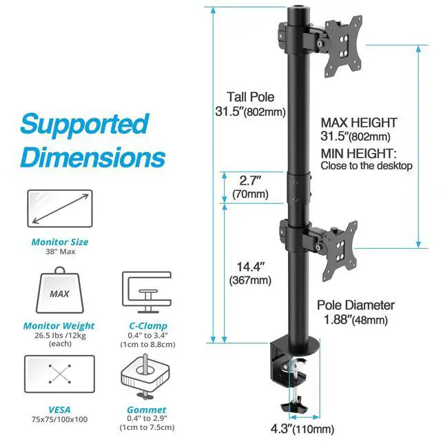 Alt view image 2 of 5 - AVLT 38" Vertical Ultrawide Monitor Mount Stand Two Stacked 26.5 lbs Screens on Heavy-Duty Pole Save Workspace with Fine-Tune Height Tilt Swivel Rotate Adjustment C-clamp and Grommet Mounting Base