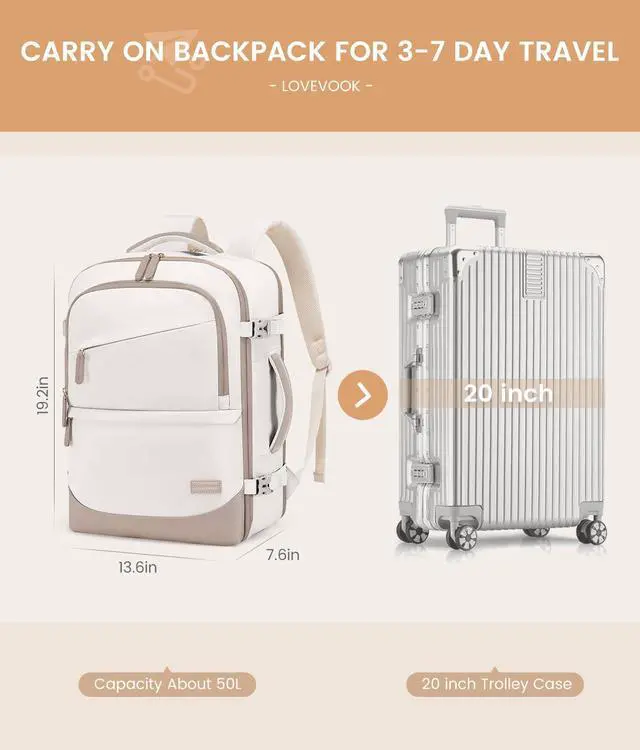 Alt view image 4 of 5 - LOVEVOOK Travel Backpack for Women & Men, 50L Carry on Backpack Airline Approved, Large TSA Personal Item Travel Bag fits 17.3" Laptop, Business Weekender Bag for Essentials, 4Pcs