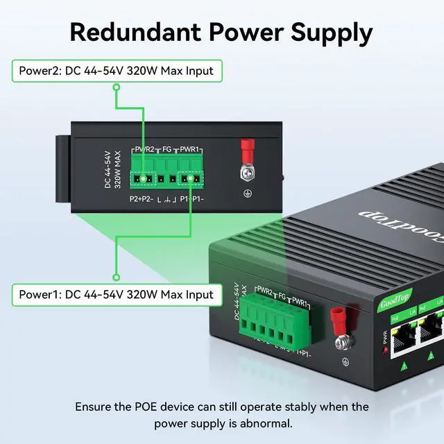 Alt view image 4 of 5 - GoodTop Industrial 8 Port Gigabit PoE++ Switch, 8*90W BT PoE++ Ports,Total Budget 120W, with Power Supply, DIN-Rail Mount,Wide Temperature,Redundant Power Input,Ethernet Splitter