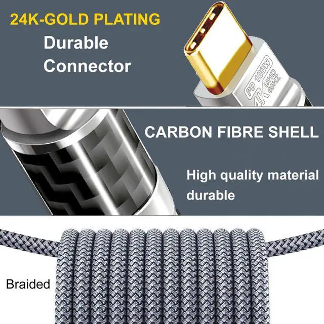Alt view image 4 of 5 - YOTETION Type C to C 60FT Cable,4K@60Hz 100W Fast Charging - Carbon Fiber Braided, High-Speed Data Transfer for Xreal MacBook Pro iPad Pro iPhone 15 Pro Galaxy S22 Portable Monitor