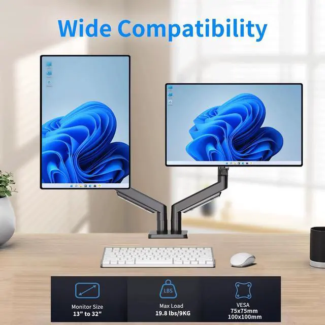 Alt view image 2 of 5 - Dual Monitor Stand for 13 to 32 inch Screens, Gas Spring Monitor Arm with Swivel, Tilt, Rotation, Height Adjustable, Desk Mount with C-Clamp and Grommet Base, Each Arm Holds 4.4 to 19.8lbs Screen