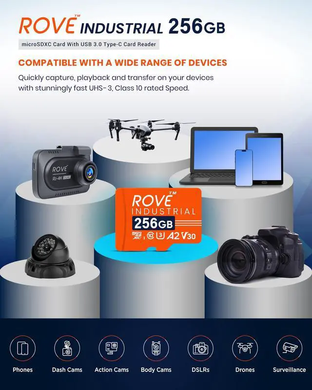 Alt view image 5 of 5 - ROVE Industrial 256GB Micro SD Card with USB 3.0 Type C Card Reader, High Endurance microSDXC Memory Card 100MB/s Read Speed, C10, U3, V30, 4K, A2 for Dash Cam, Android Smart Phones, Tablets, Games